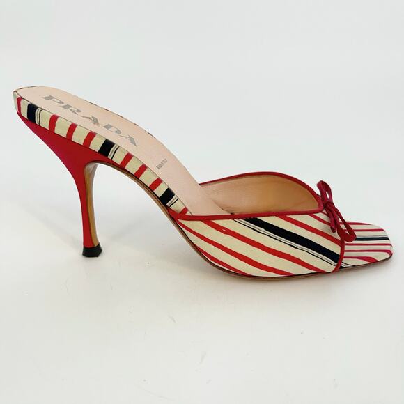 Vintage Prada Red Navy Cream Striped Bow Square Toe Slide Mules Heels IT 38.5 - Picture 3 of 11